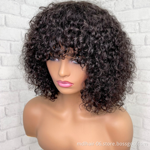 Curly Short Pixie Cut Bob Human Hair Wig With Bangs Non Lace Front Wigs For Black Women Remy PrePlucked With Baby Hair Brazilian